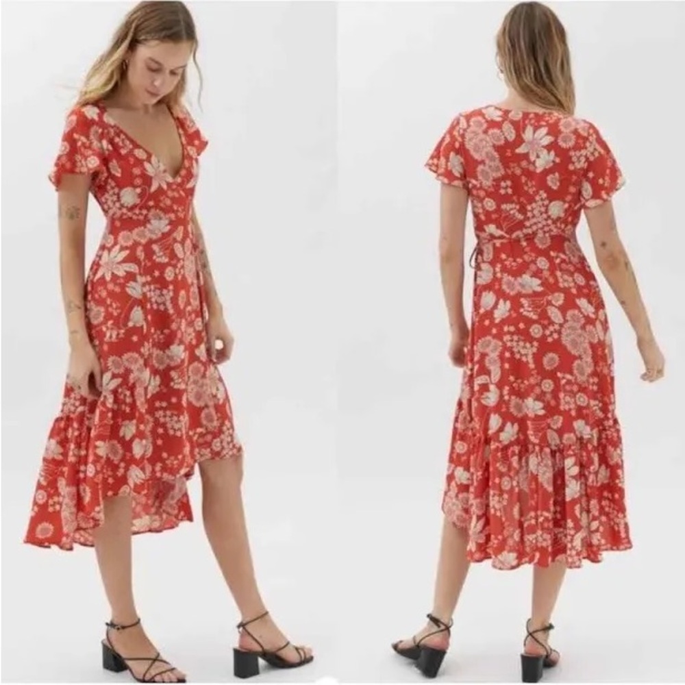 Urban Outfitters Red Floral Wrap Dress Hi-Low Midi
